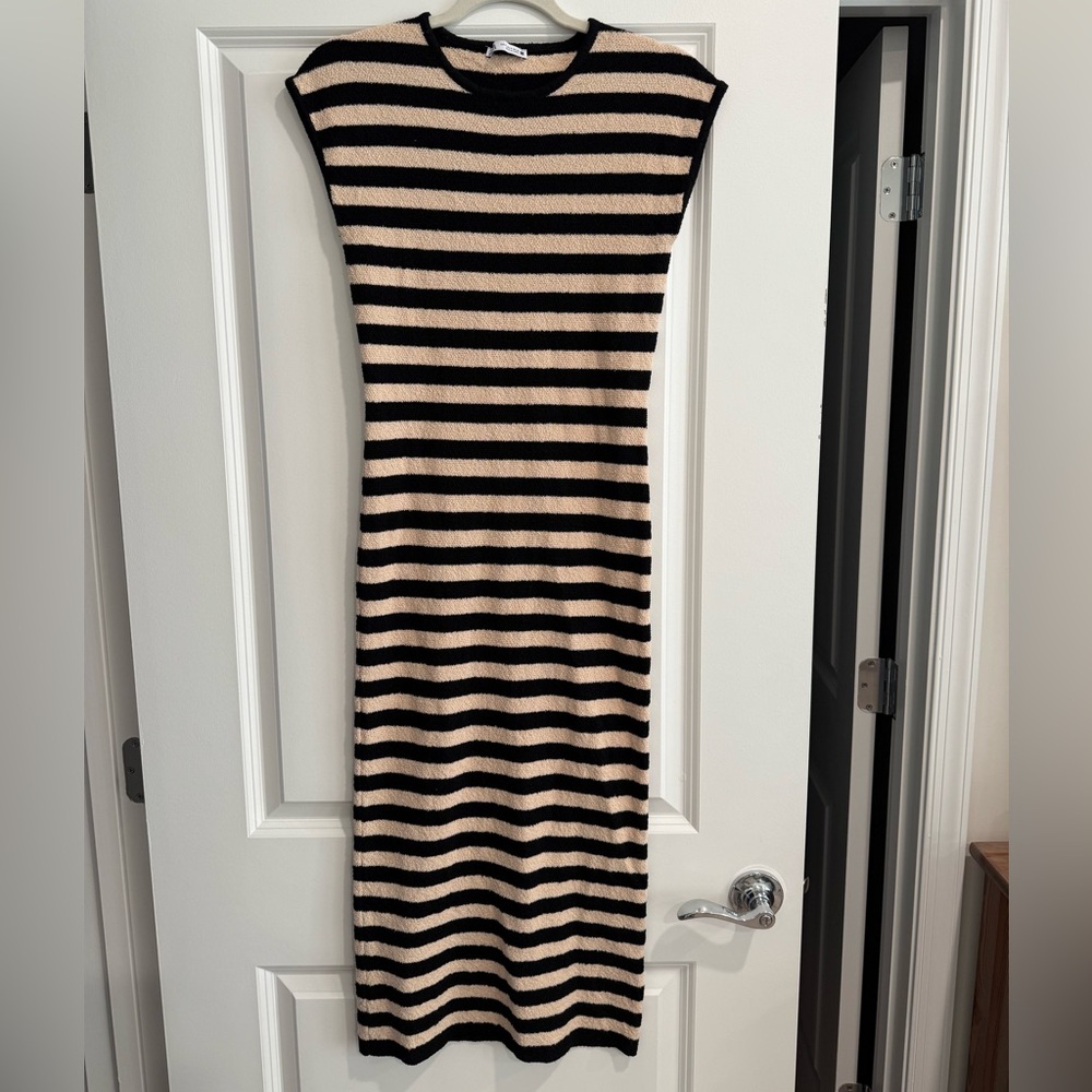 Zara Black and Tan Striped Midi Dress